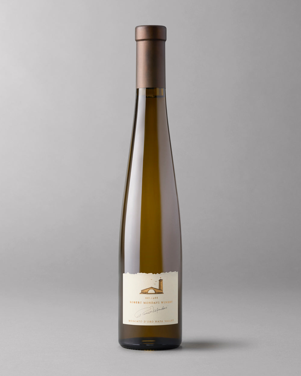 A bottle of 2020 Moscato d'Oro Napa Valley 375mL on a grey background.