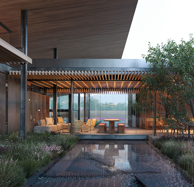 Design image of the outside of the RMW tasting room after the renovation is complete