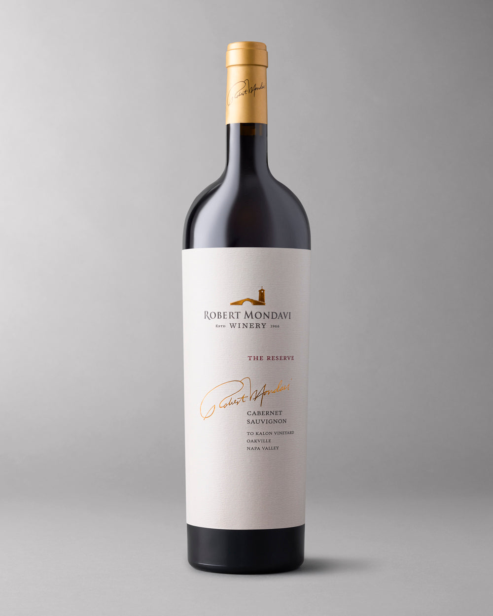 A bottle of 2017 Reserve To Kalon Vineyard Cabernet Sauvignon Napa Valley on a grey background.
