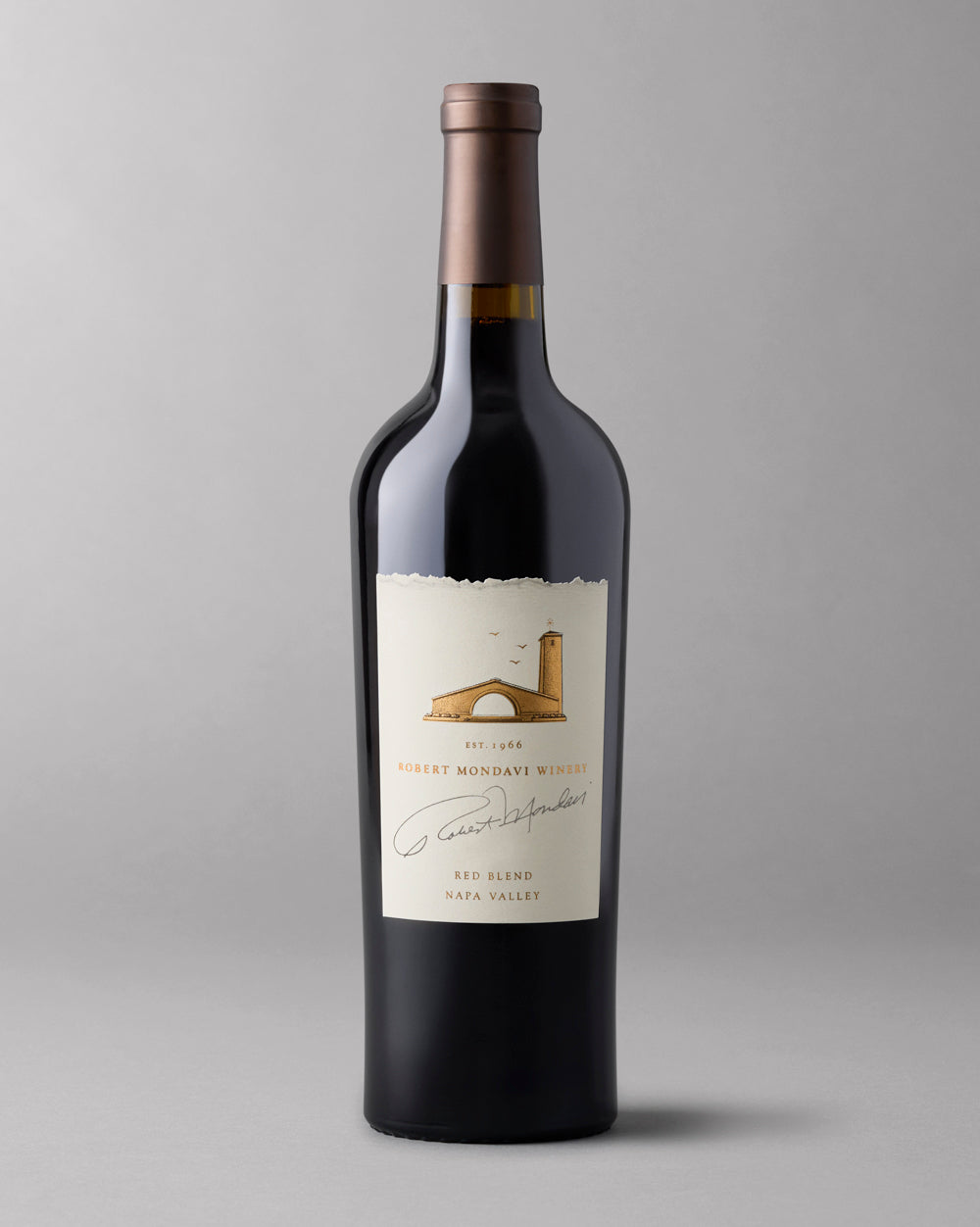 A bottle of 2019 Red Blend Napa Valley on a grey background.