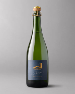 Single bottle of sparkling wine on a grey background