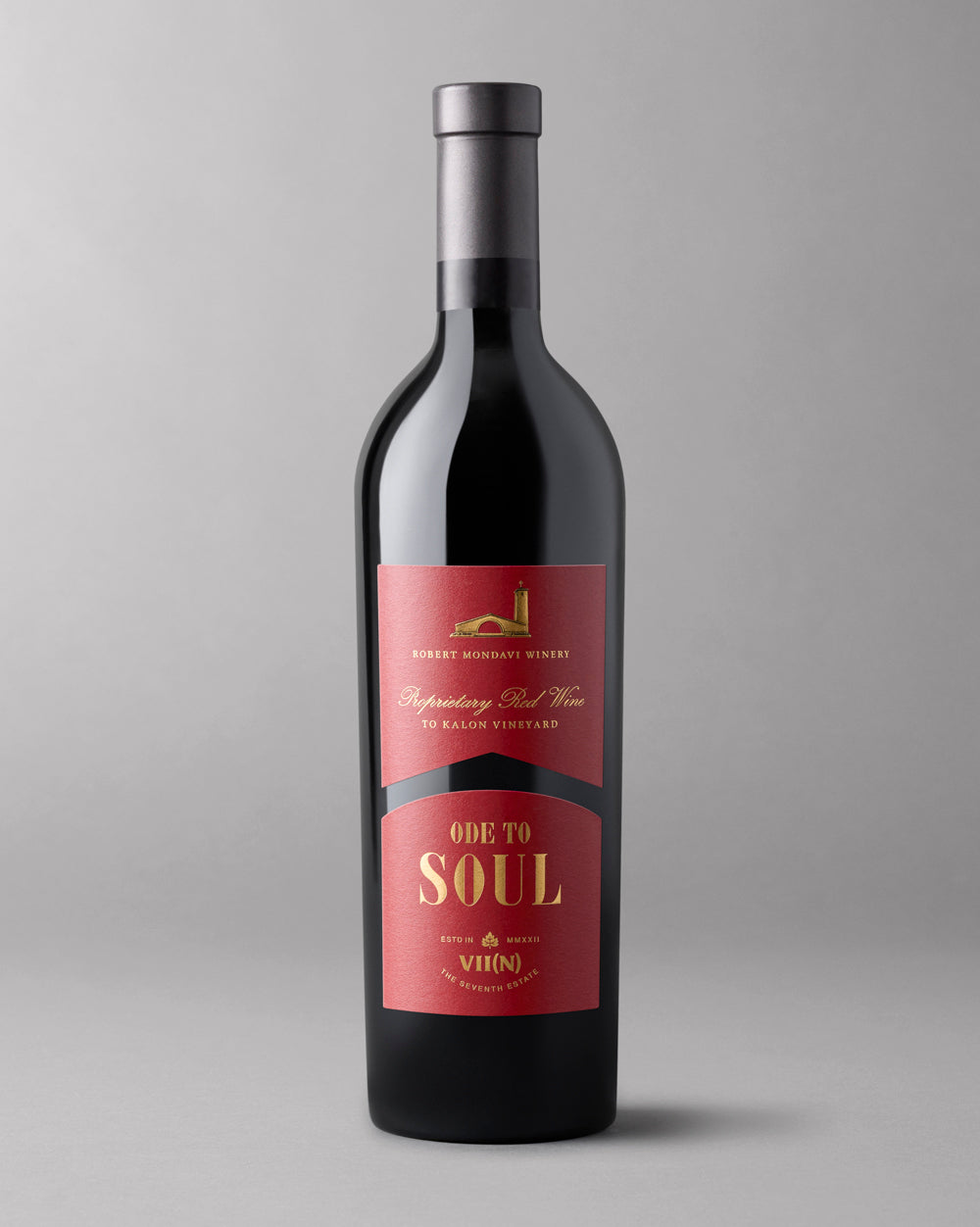 A bottle of Ode to Soul Proprietary Red Wine on a gray background