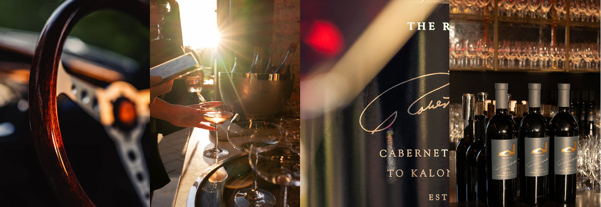 A four-panel collage showing a vintage car's steering wheel,  a bartender pouring wine with bright backlight, close up of the Robert Mondavi The Reserve Cabernet Sauvignon To Kalon Vineyard, and bottles of wines carefully stacked on the bartop.