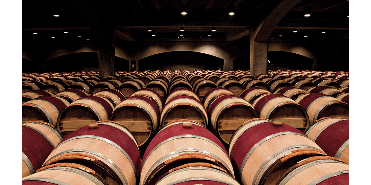 Rows of wooden wine barrels with dark red tops arranged in a large cellar at Robert Mondavi Winery with dim overhead lighting.