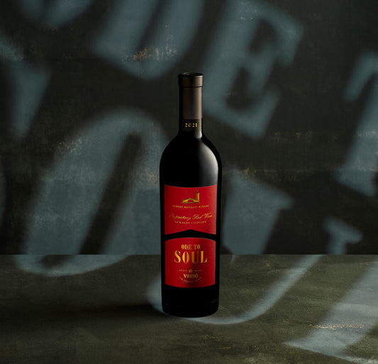 A bottle of 2021 Ode to Soul Proprietary Red Wine on a white background.