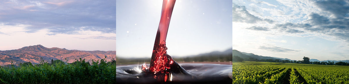 A triptych-style scenic collage: a vineyard landscape on the left, a dramatic close-up of red wine pouring into water in the center, and a wide vineyard field under a cloudy sky on the right.