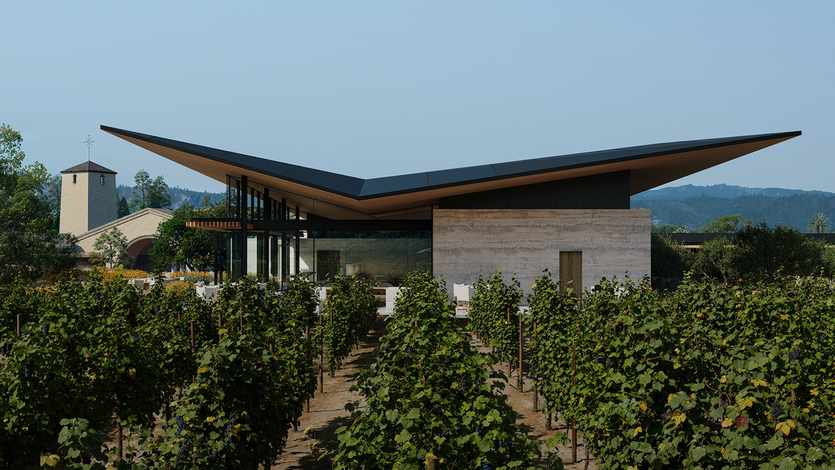 Design image of the outside of the tasting room after the renovation is over with the arch and tower in the back left